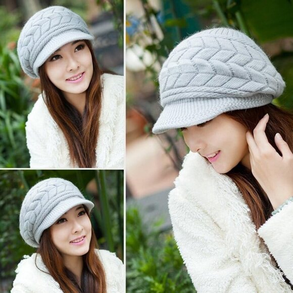 〽️Women’s _2hats(black+grey) Winter Warm Knit Wool Snow Ski Hat with Visor main image 8